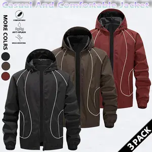 Men's solid color waterproof and windproof drawstring zipper hooded jacket, trendy striped print casual long-sleeved jacket with zipper pockets, suitable for outdoor activities, all year round.