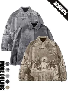 3pcs Men’s Vintage Full Print Lapel Long Sleeve Jacket — Artistic Casual Men’s Outerwear, Vintage Lapel Jacket, Essential Top for Spring/Autumn