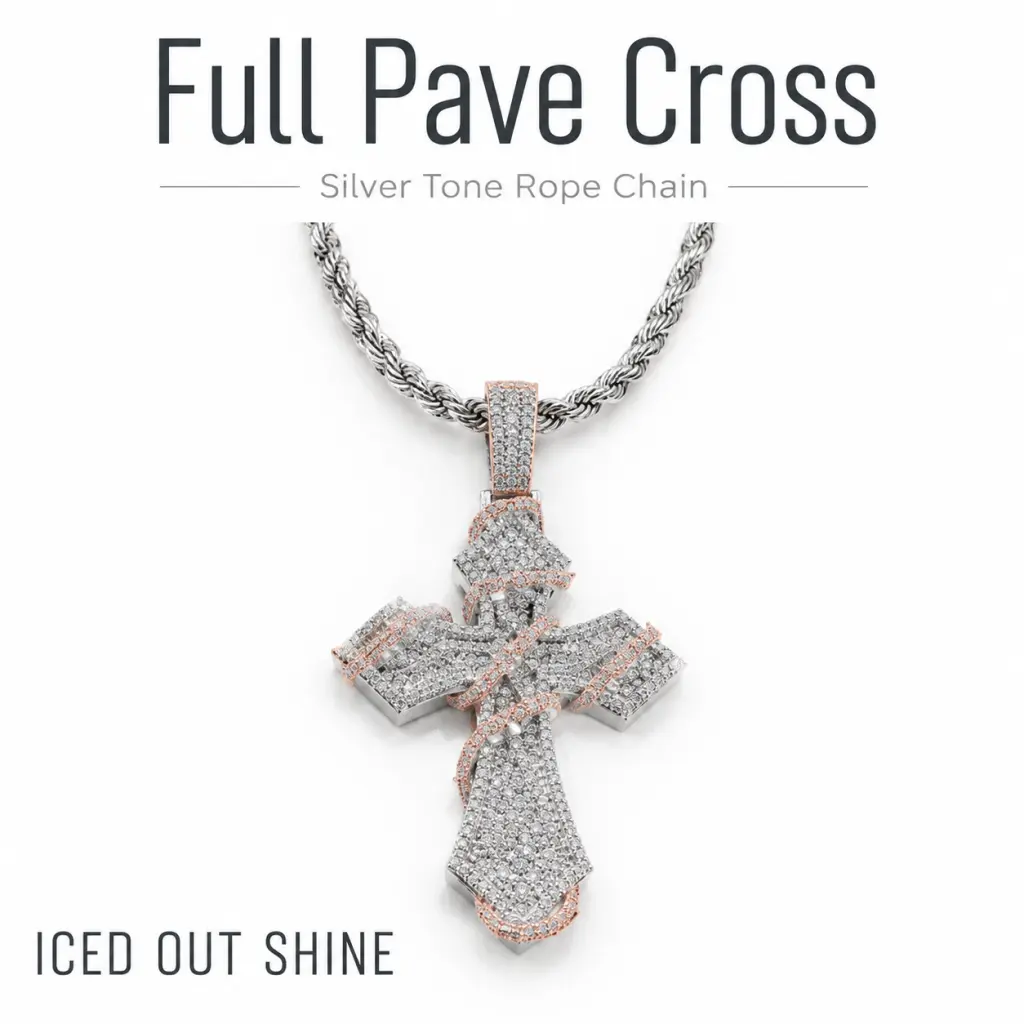 Iced Out Cross Necklace, Full Pave Cross Pendant with Silver Twisted Rope Chain, Sparkling Rhinestone Statement Jewelry, Trendy Hip Hop Fashion Necklace for Men Women, Streetwear, Party & Gifts