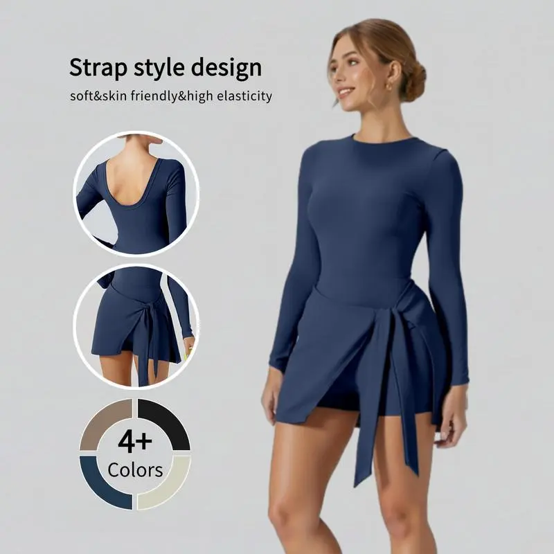 Women's Athletic Tennis Dress with Built in Shorts and Bra Golf Exercise Activewear Workout Active Dress, Long Sleeve BodyconGift