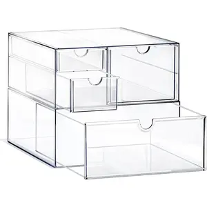 Acrylic Drawer Makeup Organizer with 4 Drawers, Set of 2 Office Desk Organizers Accessories, Clear Stackable Drawers for, Countertop, Craft, Jewelry, Art Supply Organization