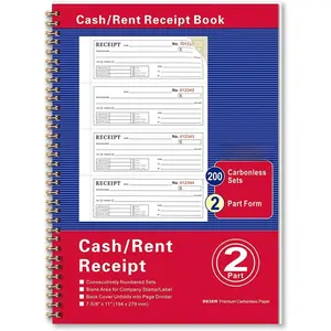 and Rent Receipt Book, 2-Part Carbonless, 7-5/8" x 11" Spiral Bound, 200 Sets, 4 Receipts Per Page, Wraparound Cover