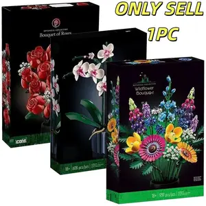 Artificial Rose Orchid Wildflower Potted Plant DIY Stem Building Blocks Sets 3D Eternal Love Flower Model Home Decor Festival Gift