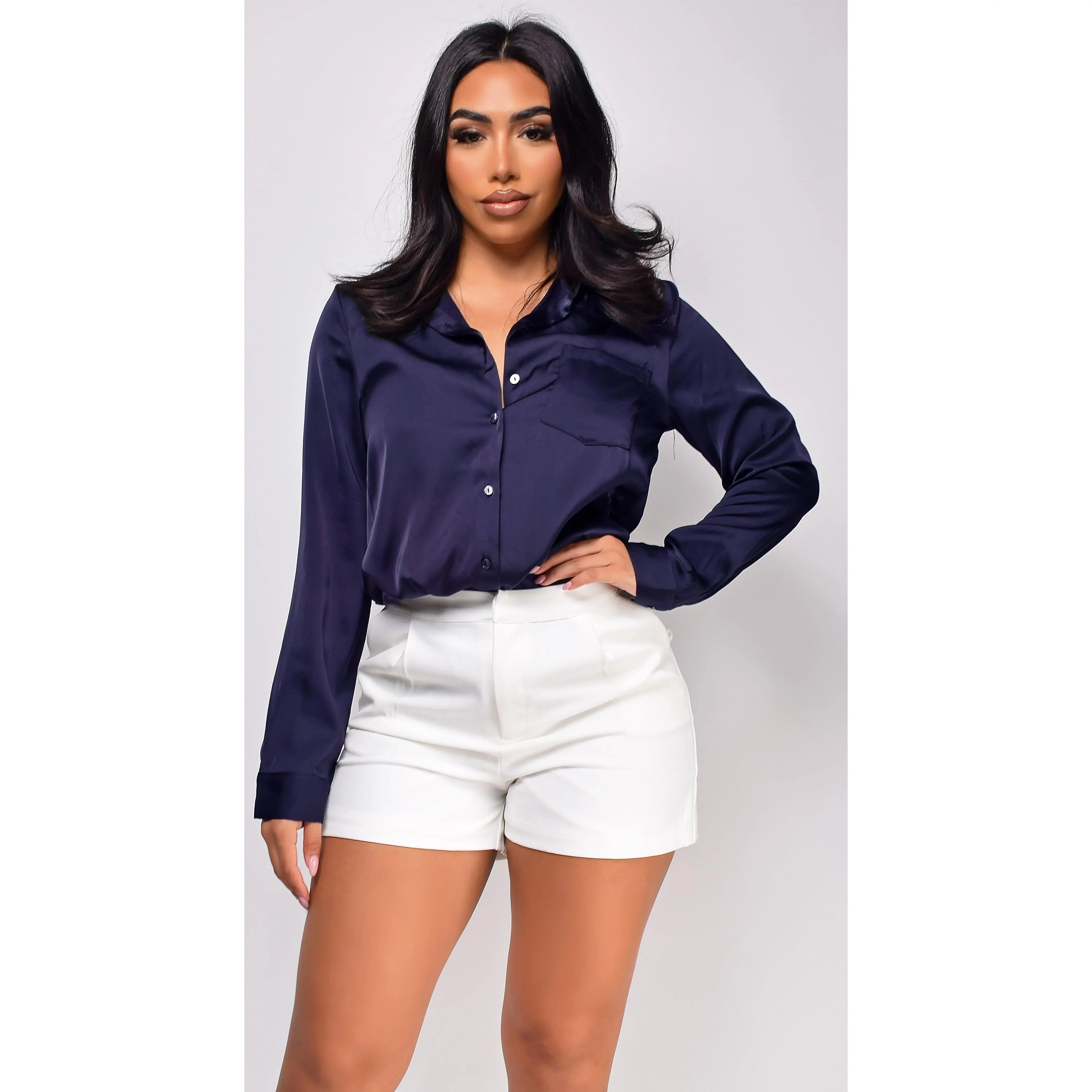 Braylee Satin Button Down Blouse Top - Navy