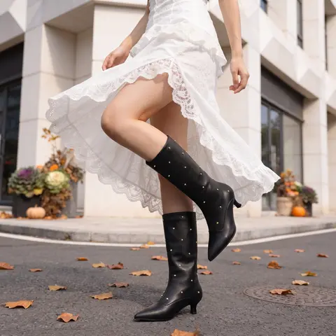 Womens Studded Boots Rhinestones Mid Calf Boot Pointed Toe Stiletto Kitten Heel Long Boots with Gold Ball Rivets Chic Faux Leather Tall Pull-On Dressy Work Casual Party Gifts Fashion Fall Spring Summer Shoes for Girls