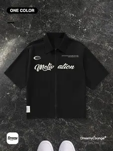 Streetwear Jacket Style Cursive Font 'motivation' Graphic Shirt, Drop Shoulder Casual Blouse, Round Neck Short Sleeve Outerwear