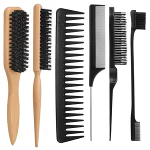 6PCS Boar Bristle Slick Back Hair Brush with Edge Brush Rat Tail Comb, Wide Tooth Comb for Men Women