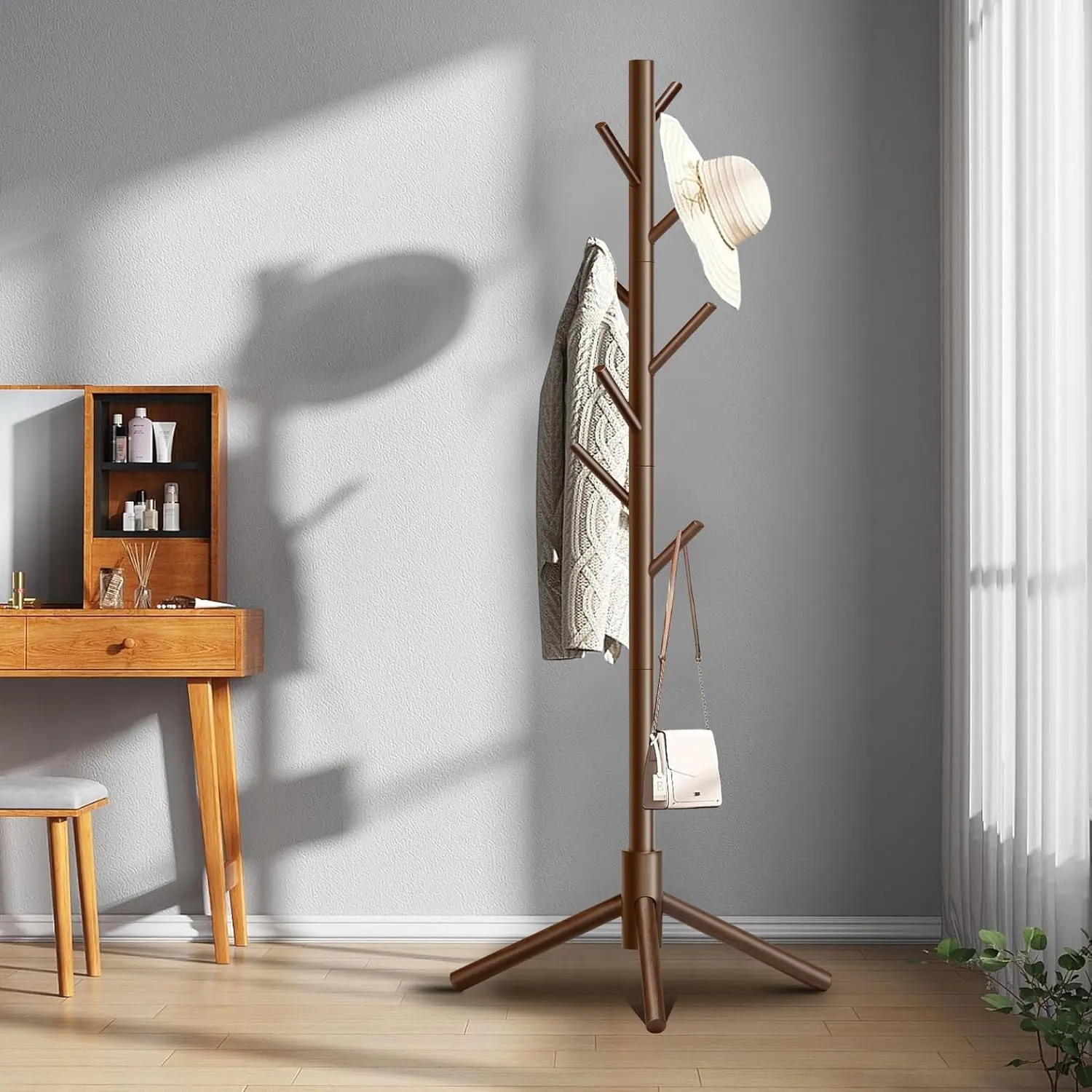 Wooden Coat Rack Stand New Brown, 8 Hooks & 3 Heights - TikTok Shop