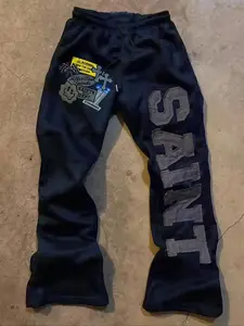 TikTok Trending! Dark Blue Drawstring Waist Sweatpants with "SAINT" Print and Graphic Elements, Ideal for Streetwear and Edgy Looks