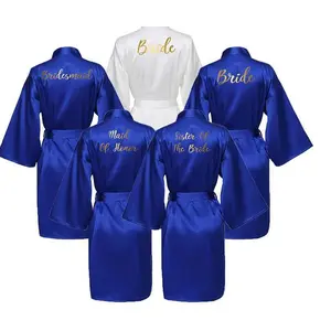Silk Satin Robes Bridesmaid Bride Robes Bridesmaid Robes Wedding Long Robe Bathrobe Gold Print Royal Blue Robe
