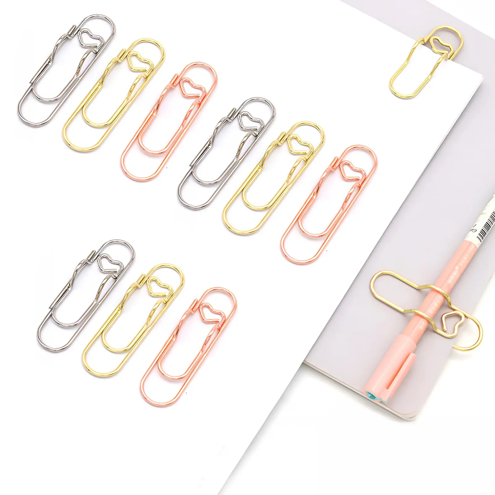 Multifunctional Metal Heart Pen Clips (10 Pcs/Box) - Sturdy, Never Rust, Long-Lasting Carbon Steel Clips with Rose Gold, Silver Colors - Portable Large-Size Holder for Note-Taking, Office School Notebook Journal Accessories, Organizing Pens And Pencils