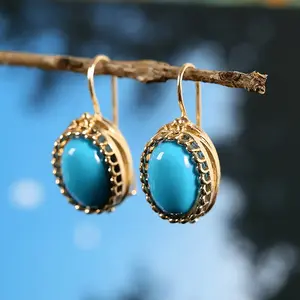 1 Pairs of Elegant 14k Golden Plated Earrings Set with Blue Oval Synthetic Turquoise, Suitable for Engagement and Wedding Earrings, Perfect for Ladies, Parties, Weddings, and Valentine'S Day, Earrings Womens, Vintage Clip On Earrings Women