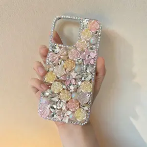 Chic Flower Blossom Bling Case with Rhinestones and Chain – Cute Protective Phone Cover for 17, 16, 15, 14, 13, 12, 11 Pro Max and Plus Phones
