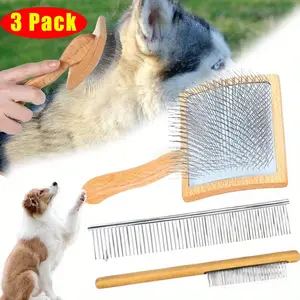 3pcs (3size)Large Dog Brush for Medium or Long Haired Dogs, Long Pin Slicker Brush for Removes Loose Hair, Tangles and Knots, Best Grooming Steam Brush for Small Animals, Free Pet Comb, Wood