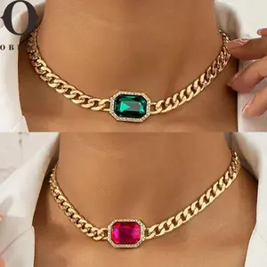 Obega Fashion Cuban Chain Necklace Sparkling Green Crystal Stone Bright Fuchsia Color Rhinestones Square Sexy Choker