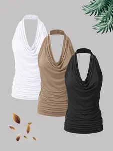 【Plus Size】 Solid Color Casual Sleeveless Halter Neck Top Top for Daily Wear, Women's Plus Clothing for All Seasons, Halter Tops, Casual Draped Cami, Womenswear