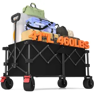 41" L Collapsible Large Wagon Cart Foldable, 460LB Weight Capacity 220L Heavy Duty Folding Beach Wagons with Big -Terrain Wheels, Utility Carts for Camping, Garden, Shopping, , Black