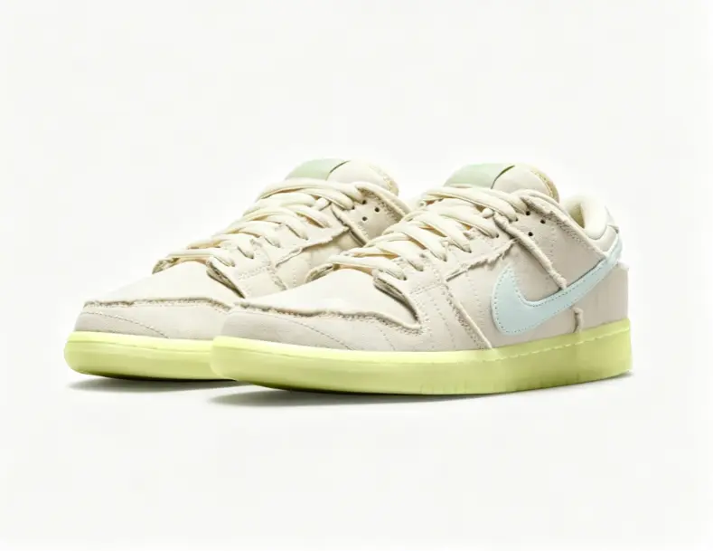 Off-white Suede Low Top Skate Sneakers for Men Women, Frayed Raw Edge Design, Light Blue Side Accent, Luminous Yellow Outsole
