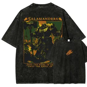 Warhammer 40K Salamanders Space Marines Mineral Washed T-Shirt - 'Into the Fires of Battle' Tee with Vulkan's Drakes & Forgefather Art - Officially Inspired Grimdark Apparel for Fans, Everyday Basic, Never Outdated, Looks Good, Feels Better