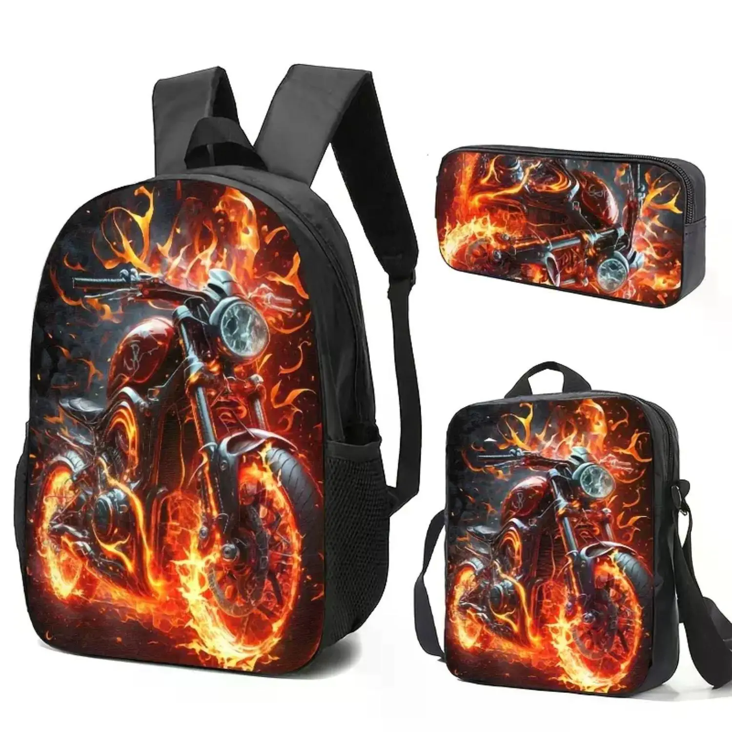 3-Piece Flame Motorcycle Backpack Set with Pencil Case and Lunch Bag, Vibrant High-Definition Print, Fade-Resistant Colors