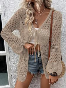 women's solid color hollow out tie front cardigan, casual longsleeves knitwear for summer, lady fashion women's knit clothing for daily wear, knitting womenswear, lightweight knitwear