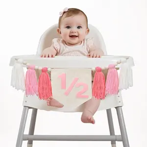 1/2 Birthday High Chair Banner for  Boys Girls 6 Months Half Way to One Birthday Party Decorations Tassel  Bead Highchair Garland Decorations (Pink)