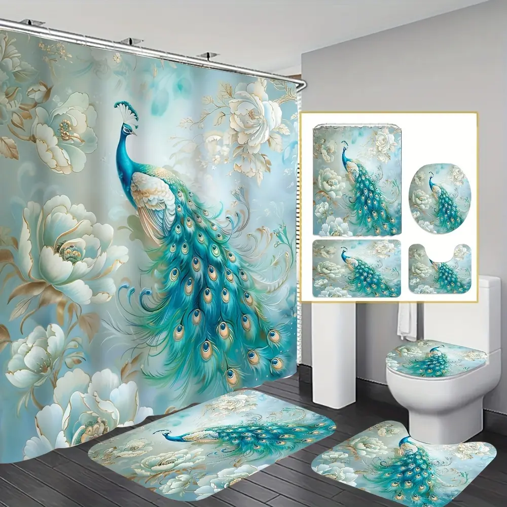 Retro Elegant Peacock Printed Waterproof Flannel-Polyester Anti-Splash Bathroom-Friendly Shower Curtain Set - 4pcs Full Set (1pc Shower Curtain, Anti-Slip Floor Mat, Toilet Seat Cover, Bath Mat), 12 Plastic Hooks for Bathrooms, Guest Rooms, Water Proof, B