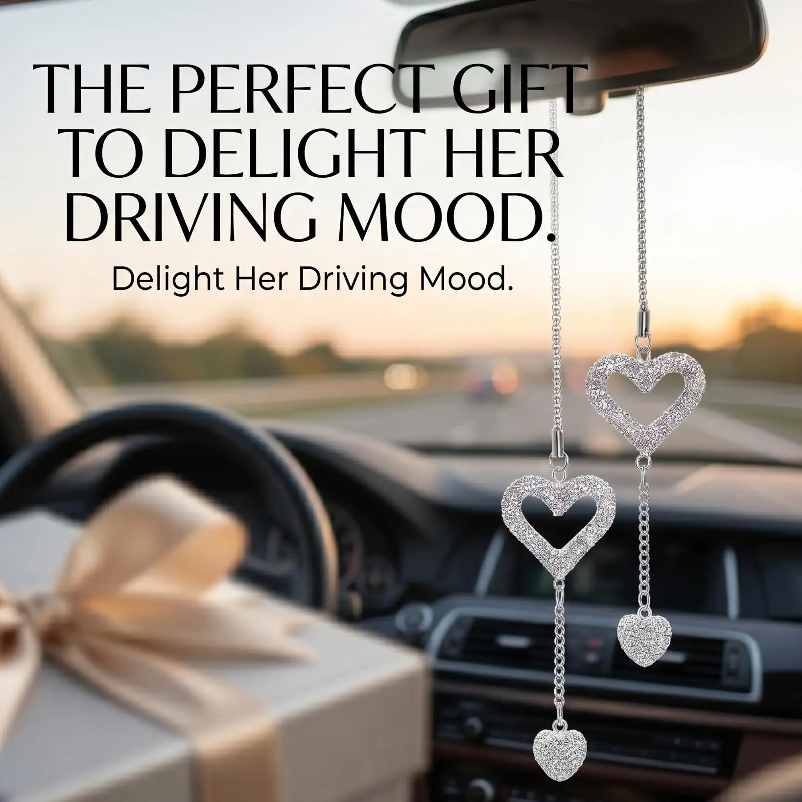 Bling Double Heart Crystal Car Rearview Mirror Hanging Ornament, Full Rhinestone Love Heart Car Charm, Aesthetic Sparkling Car Interior Accessories Mother's Day Gift for Women