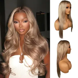 Golden Real Human Hair Wig Natural Healthy No Odor No Shedding Smooth Soft Silky Curly Hair Golden Highlighted Roots 32inch Curly Hair Gradient Dyeing| 13x6  HD Lace Front Wig| Glue-less Pre-Plucked Hair Extensions|