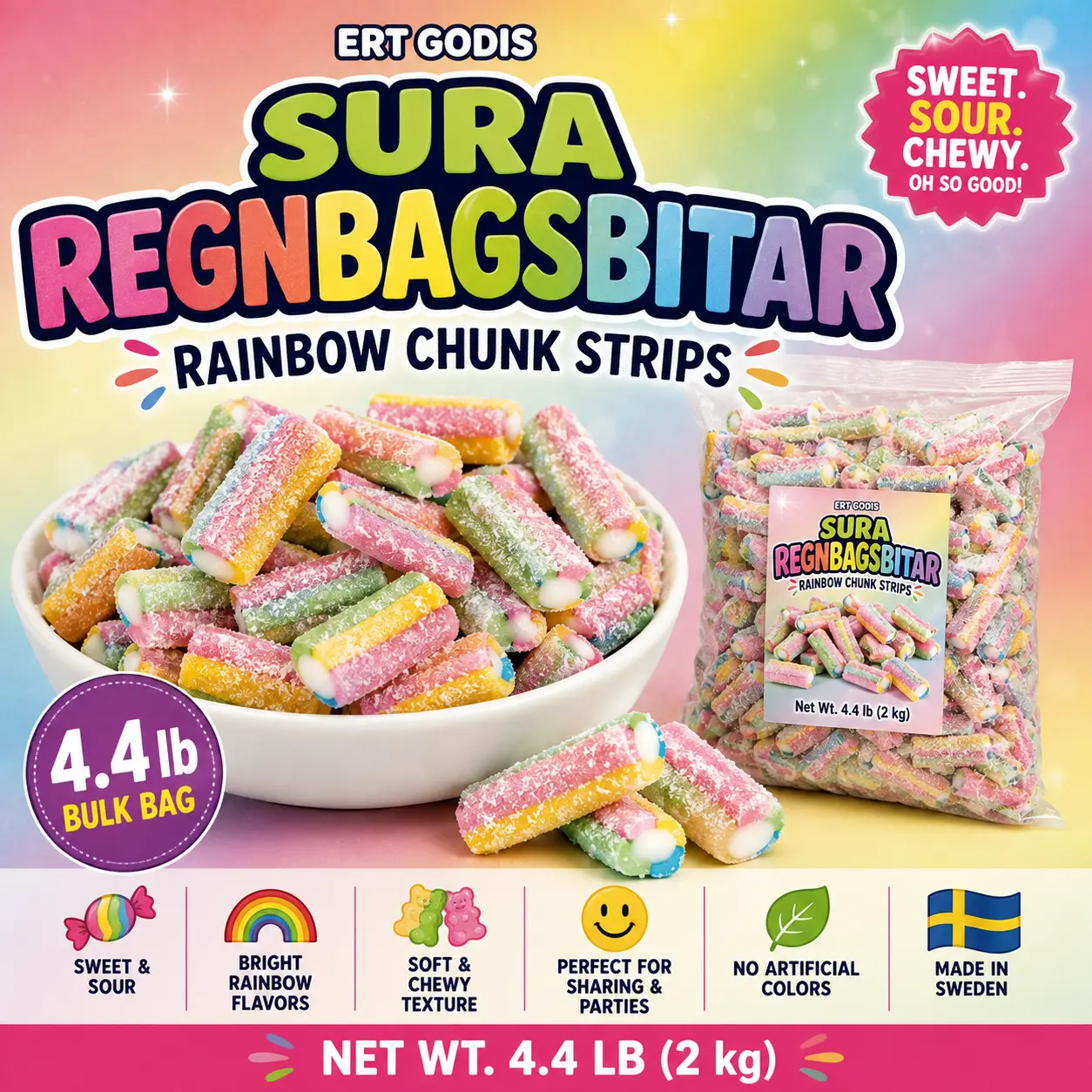 Swedish Sura Regnbagsbitar Rainbow Chunk Strips 4.4 lb Bulk Sour Candy