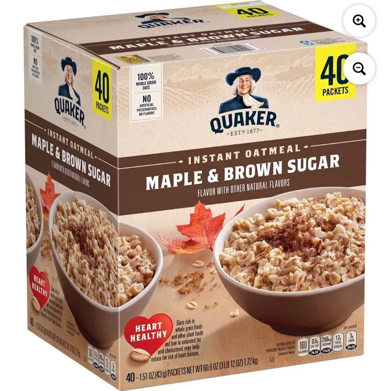 Quaker Instant Oatmeal - Maple Brown Sugar Flavor, 1.51 oz Individual Packets, 40-Count Bulk Box Quaker Instant Oatmeal - Maple Brown Sugar Flavor, 1.51 oz Individual Packets, 40-Count Bulk Box
