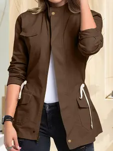 Women's Casual Stand Collar Long Sleeve Woven Jacket, Drawstring Waist Zipper Pocket Design, Fall & Winter Fashion Outerwear