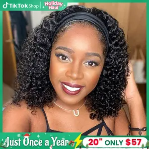 Bling Hair Headband Wig Short Curly Wig For Women Glueless Human Hair Kinky Curly Cheap Wig Fall Machine Made Non Lace Brazilian Remy Hair TikTokShopHolidayHaul