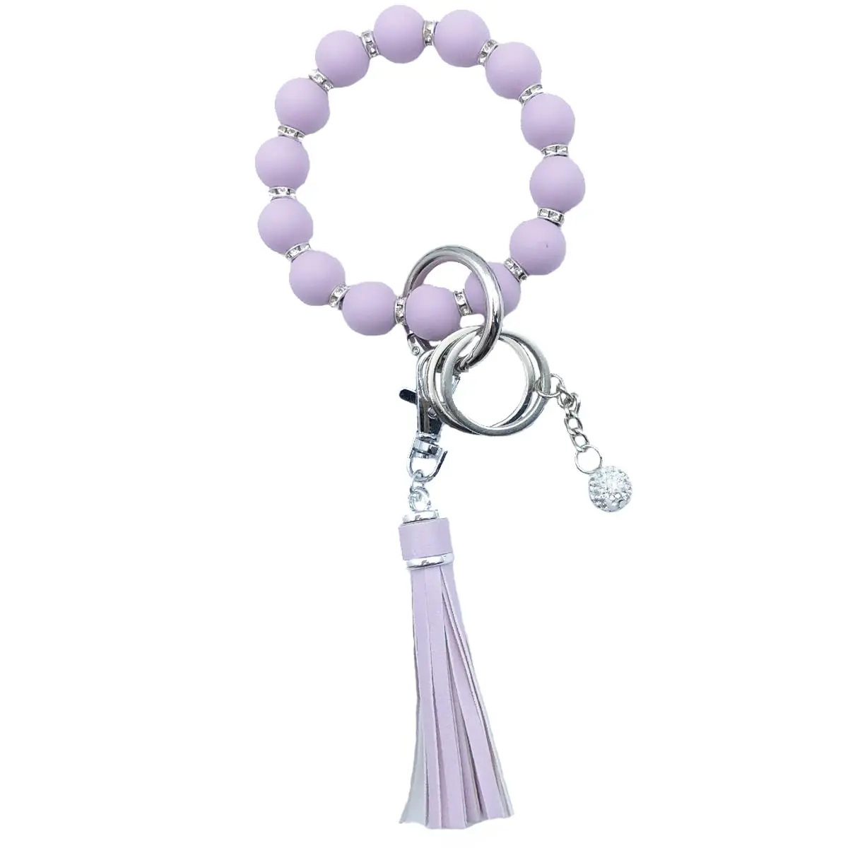 Wristlet Bracelet Keychain Silicone Beads With Leather Tassel Rhinestone Key Rings For Women
