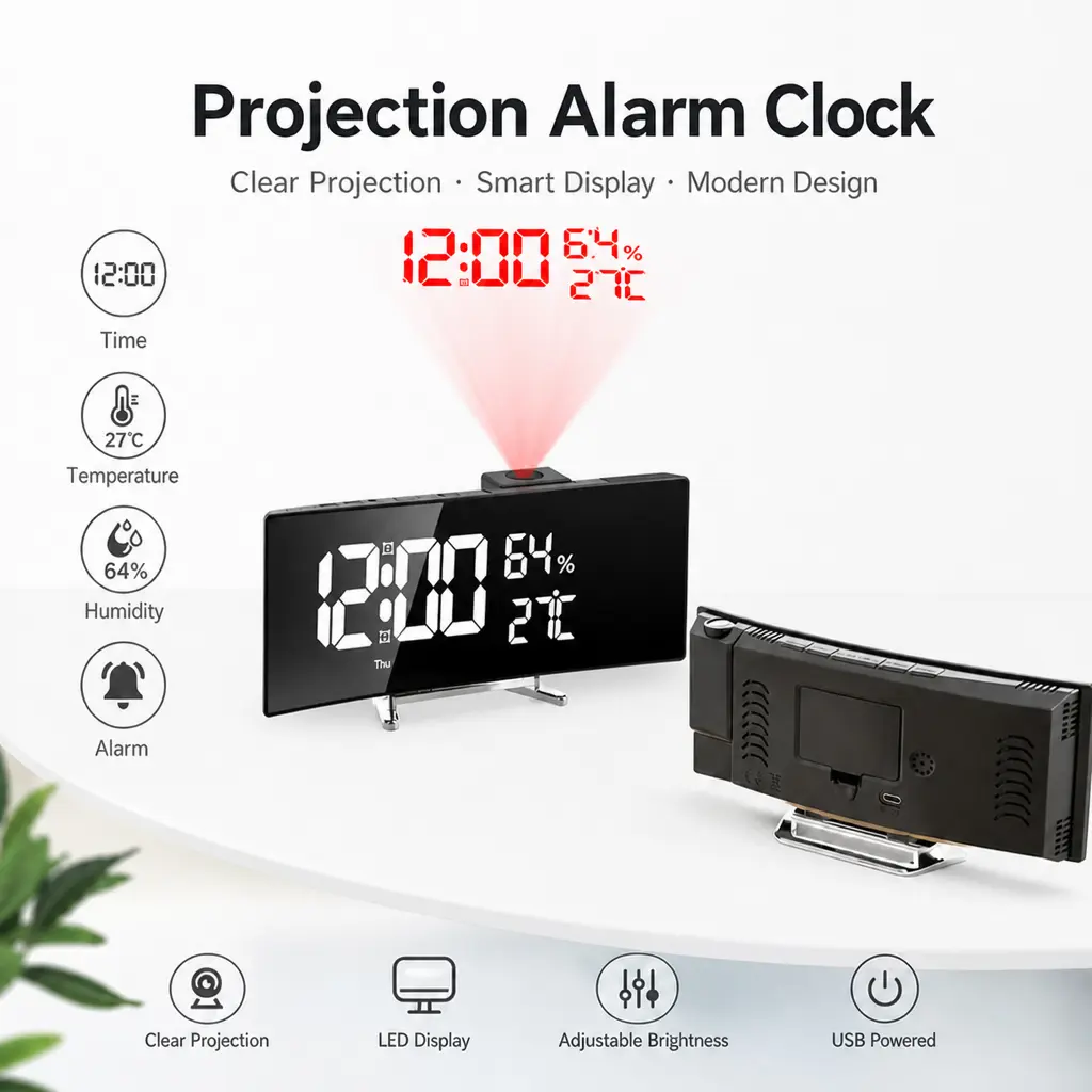 Large-Screen Curved LED projection clock ，180°rotatableprojection Fits wall & ceiling，2-level brightness adjustment，Dual Power Supply，Time Projected on Your Wall Even at Midnight