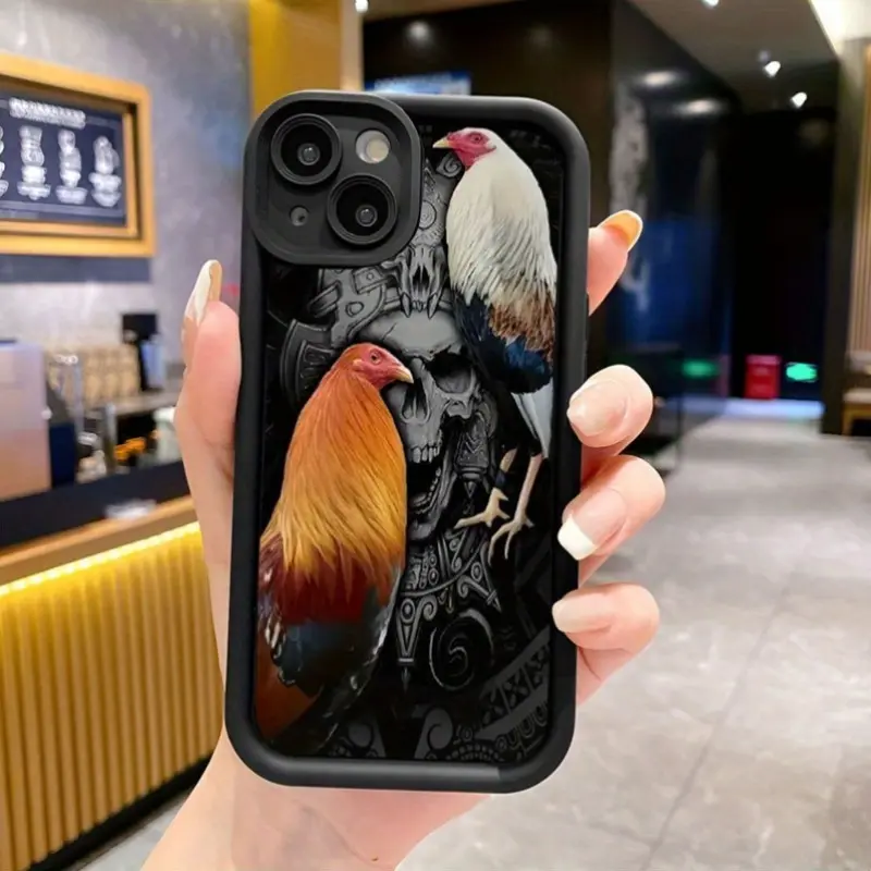 Cool Humorous Skull Two Roosters Pattern Design Case for iPhone 17 Pro Max 16 Plus 15 14 13 12 11 Air E Shockproof Camera Protective Durable Silicone Cover/Halloween Accessories/Suitable for Women/Men/Girls and Boys as Gifts/TY329