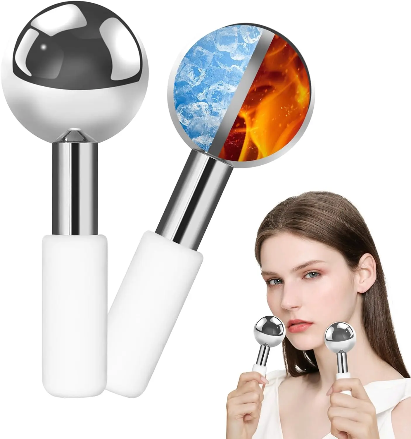 Ice Globes for Face & Eyes, Unbreakable Stainless Steel Ice Globes for Facials, Cryo Sticks for Face, Cooling Globes for Puffiness, Wrinkles, Dark Circles, Face Lift (2 Pack, White) Skincare Comfort