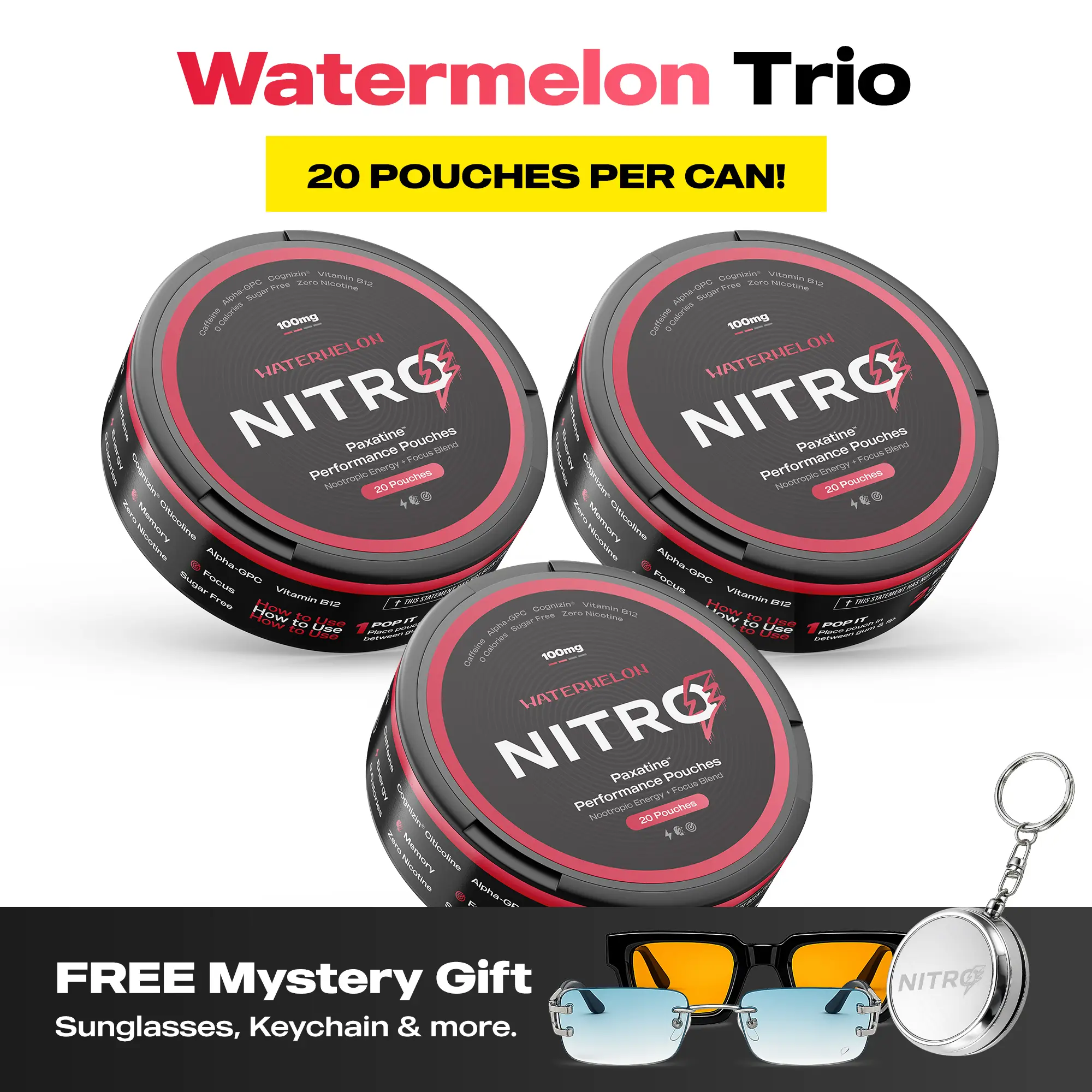 Nitro Nootropic Energy Pouches - Energy + Focus Pouches - 100mg Caffeine, Alpha GPC, Cognizin Citicoline, L-Theanine, Vitamin B12 - No Sugar, Nicotine-Free - 20 Pouches Per Can - 3 Pack - Watermelon