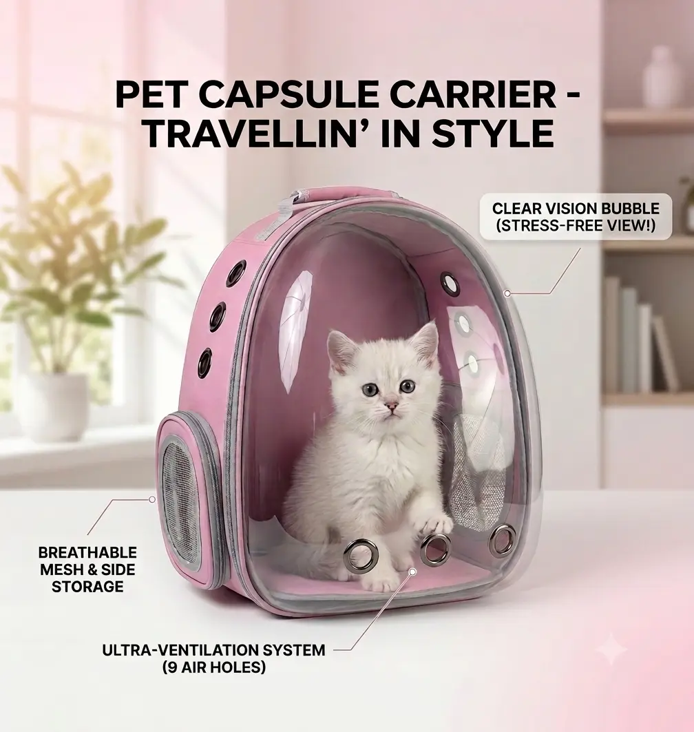 Cat & Small Animal Carrier Backpack, 16x12x9in Breathable Transparent Plastic Bubble Design, Fabric Mesh Pocket, Zipper Closure, Adjustable Straps, Hand-Wash Only, Ideal for Outdoor Adventures & Errands