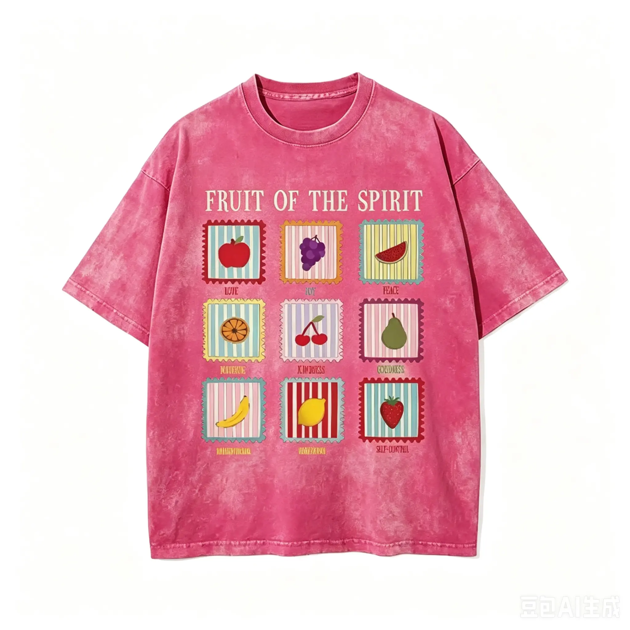 Women's Retro Washed 'Fruit of the Spirit' Christian T-Shirt - Casual, Short-Sleeve, Streetwear, Lightweight, Fashionable, Colorful Fruit Stamp, Faith-Based Oversized Vintage Gift Top