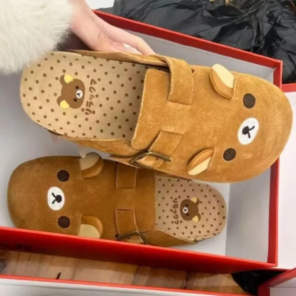 Women's Rilakkuma Cartoon Thick-Bottom Rubber Slip-On Casual Shoe - Retro Cute Closed-Toe Height-Increase Home Slippers (Anime Periphery)