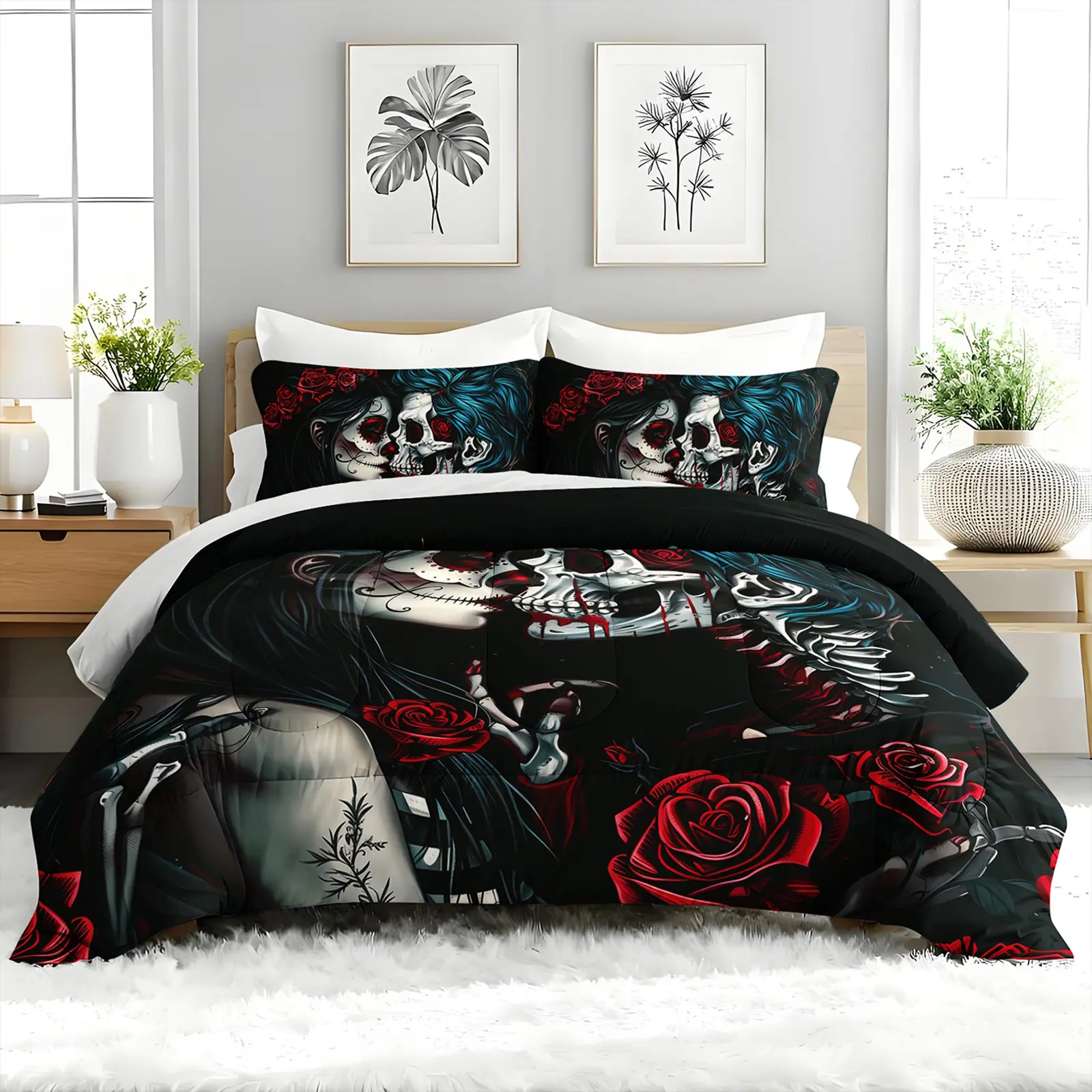 3pcs Gothic Bedding Decorative Duvet Set - Sugar Skull Rose Print Microfiber Queen Bed Comforter, Soft Breathable, Lightweight Machine-Washable All-Seasons, with 2 Pillowcases for Girls' Bedrooms, Family Gifts