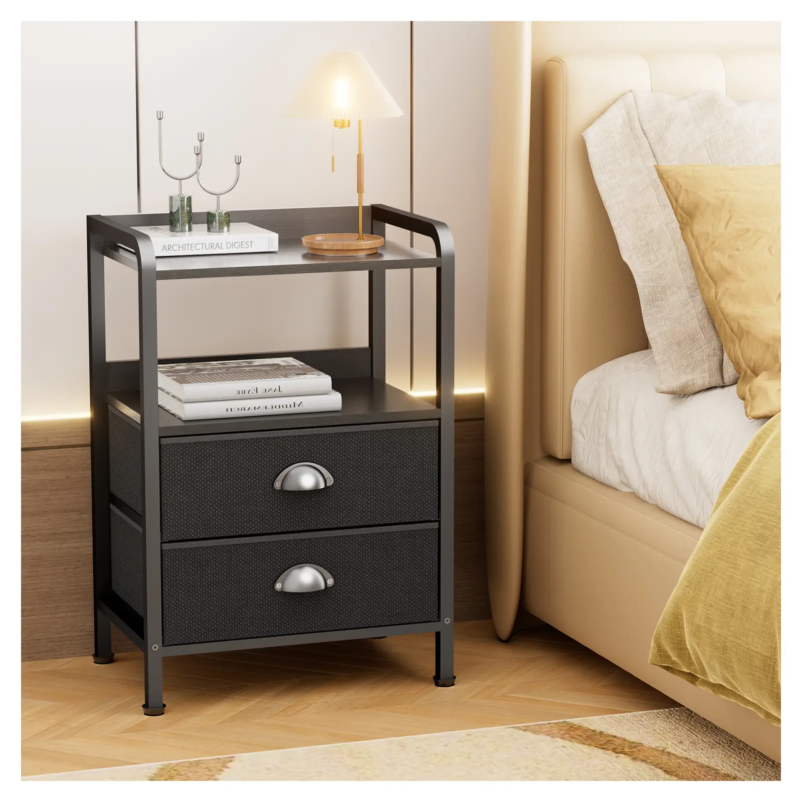 Night Stand Bedside Table Bedroom Nightstand with Open Shelf Bed Side Table with Fabric Drawers End Table with 2 Drawer Storage Night Stands for Livin