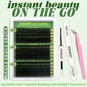HOHADBR 60D+80D+100D Thick Volume Individual Lashes 10-18mm Cluster   Lash Clusters Wispy Lash Extension Lashes D Curl Cluster Eyelash Extensions DIY Lash by Self with Bond and Seal Lash Tweezers