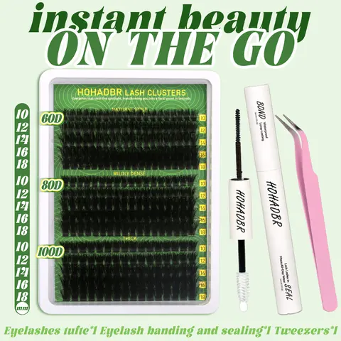 HOHADBR Fluffy Wispy Puff Lash Clusters Kit - Cosmetic False Eyelashes Clusters, 60D+80D+100D Thick Volume Individual Lashes (10-18mm, D Curl) with Bond, Seal & Tweezers for DIY Self-Application, Cosmetic Eyelashes,familyfun