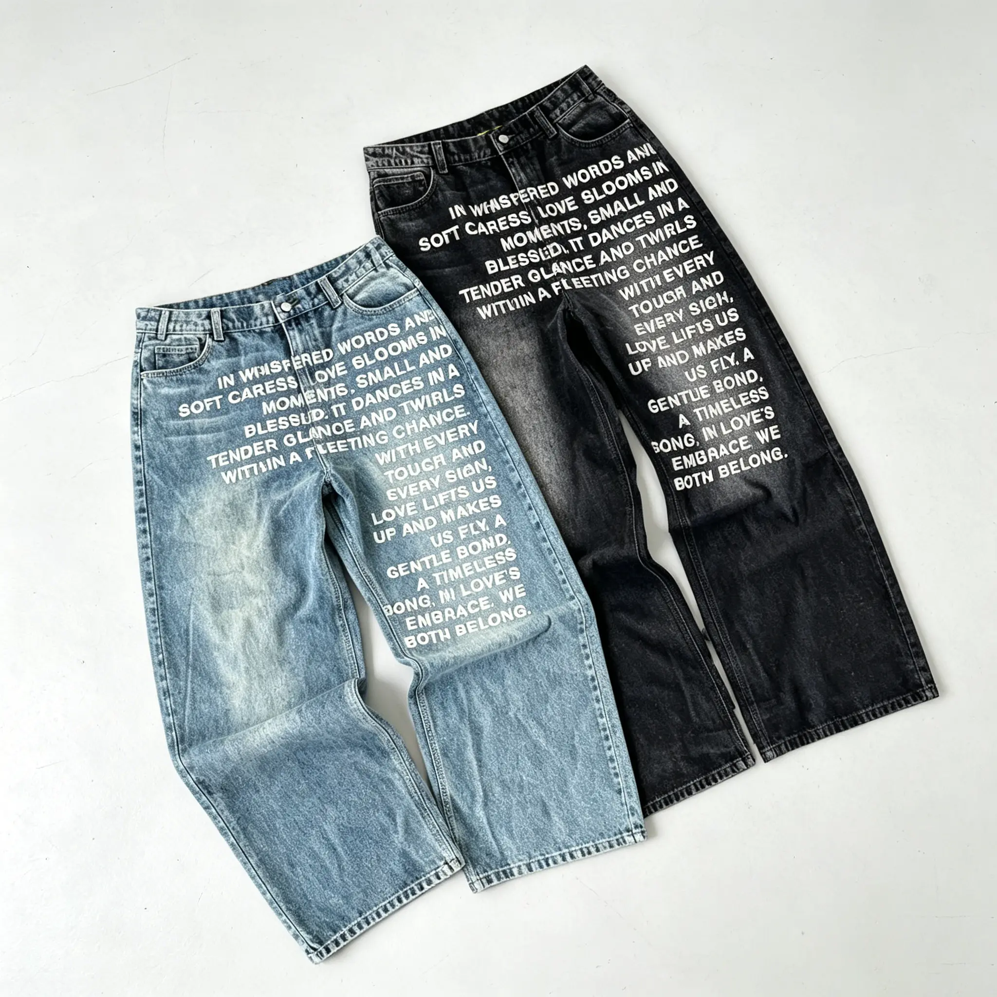 Y2K Vintage Washed Printed Baggy Wide Leg Jeans, Men's High Quality Cotton Denim Trousers with Pockets, Light Dark Wash Loose Straight Streetwear