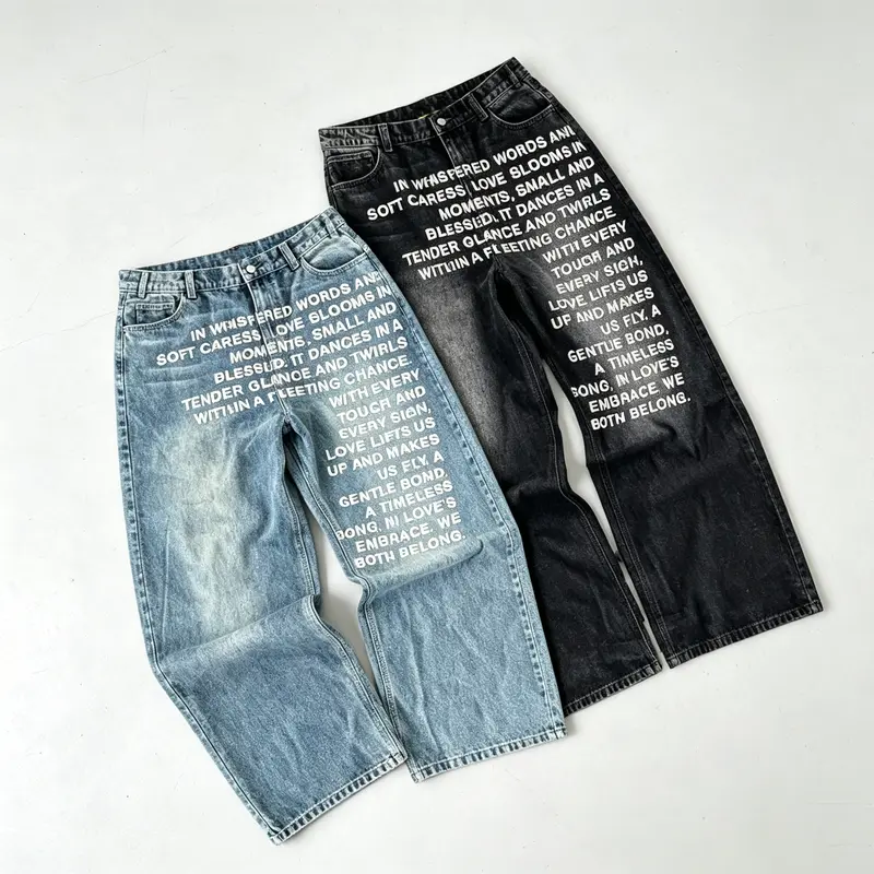 Y2K Vintage Washed Printed Baggy Wide Leg Jeans, Men's High Quality Cotton Denim Trousers with Pockets, Light Dark Wash Loose Straight Streetwear