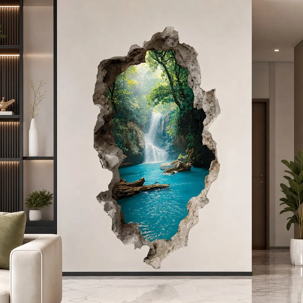 Creative Ripped Valley Waterfall Scenery Wall Decal, Decorative Landscape Wall Sticker, Interior Stickers - Removable Glossy Plastic Sticker, Suitable for Classroom, Bedroom, Office, Living Room Decoration - Multi-Surface Home and Commercial Wall Art