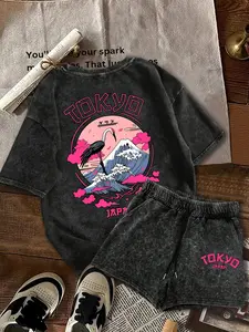 Two-Piece Set Women's Mountain Print Tee & Shorts, Casual Round Neck Short Sleeve T-Shirt & Shorts, Ladies Summer Clothes for Daily Wear, Suits