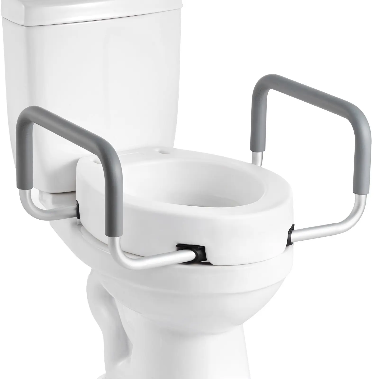 Aluminum Alloy Raised Toilet Seat with Padded Arms, 3.5-in Lift Height, Widened Commode Riser, 300 lbs Load Capacity, Toilet Seat for Patients, Seniors, Disabled, Pregnant Women, Corrosion-Resistant, 14.2 X 19.7 X 3.8 In